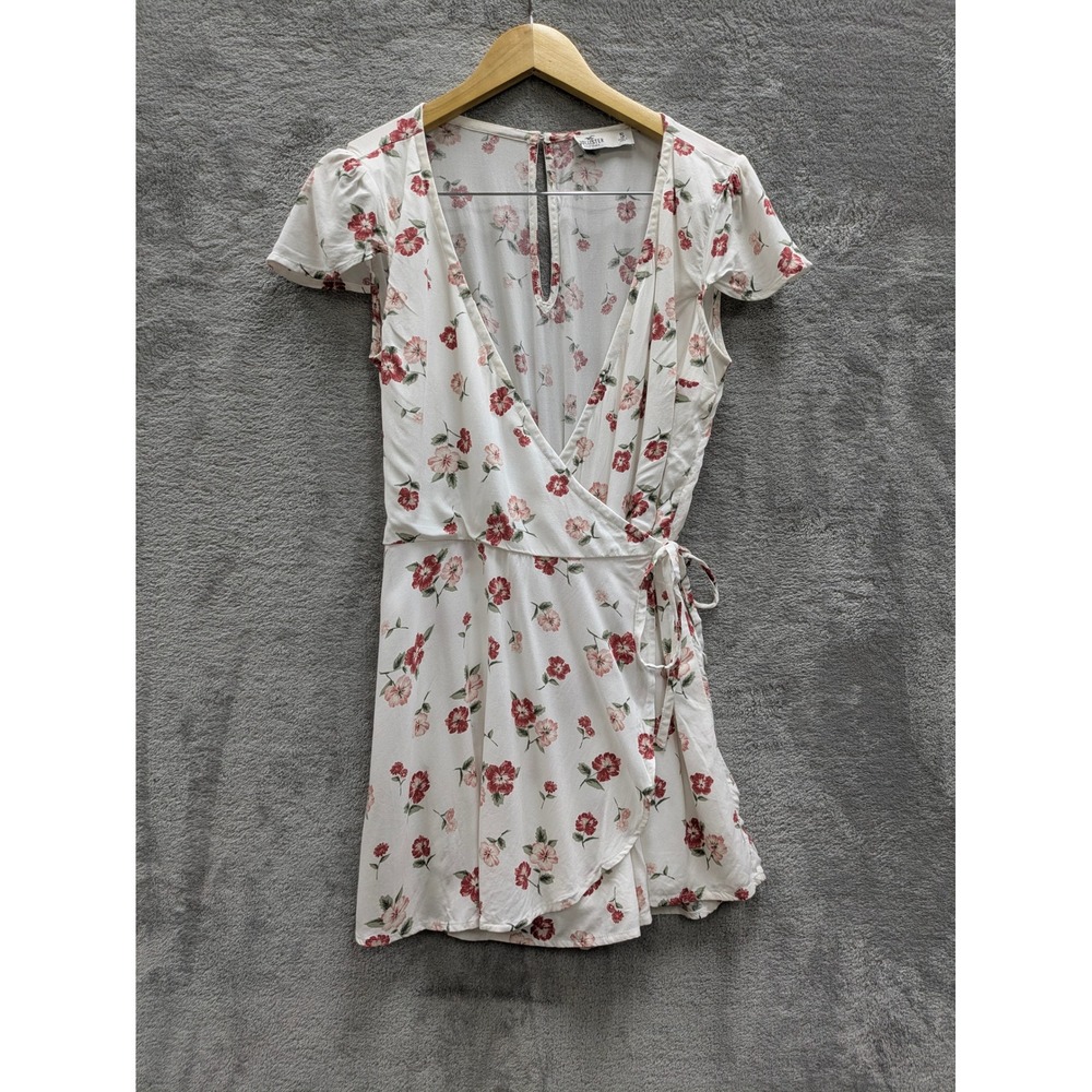 Boho Floral Mini Dress Women Small White Red Faux Wrap V-Neck Flutter Sleeve